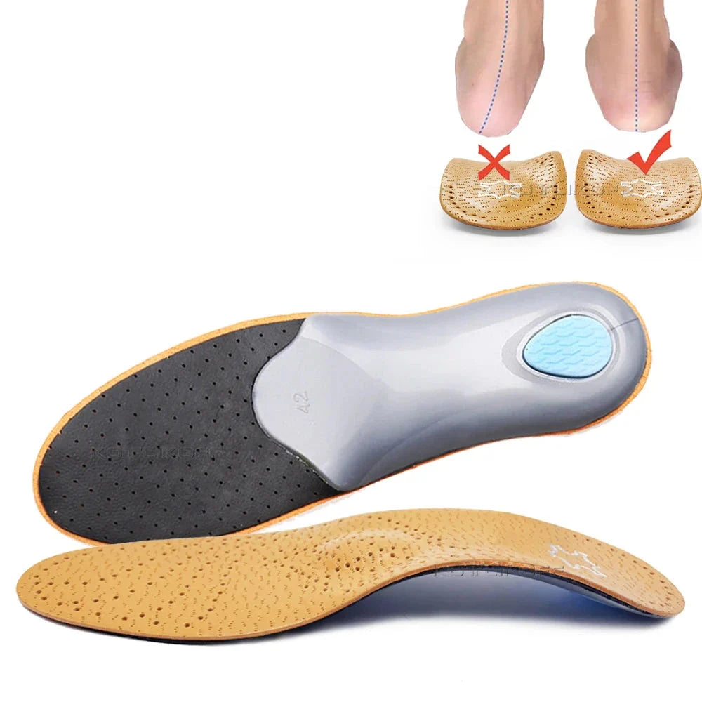 Semelles intérieures orthopédiques unisexes en cuir pour pieds plats